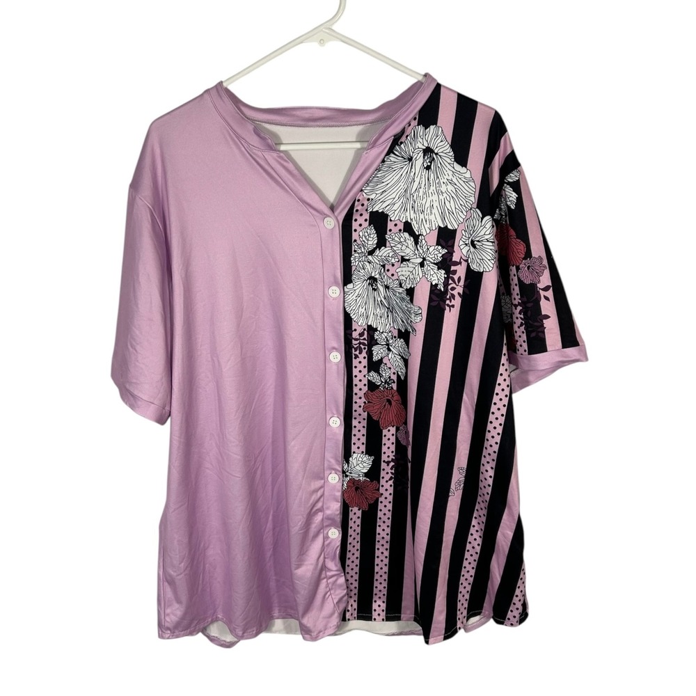 Lavender Floral Striped Button Down Short Sleeve Blouse Plus Size 4XL